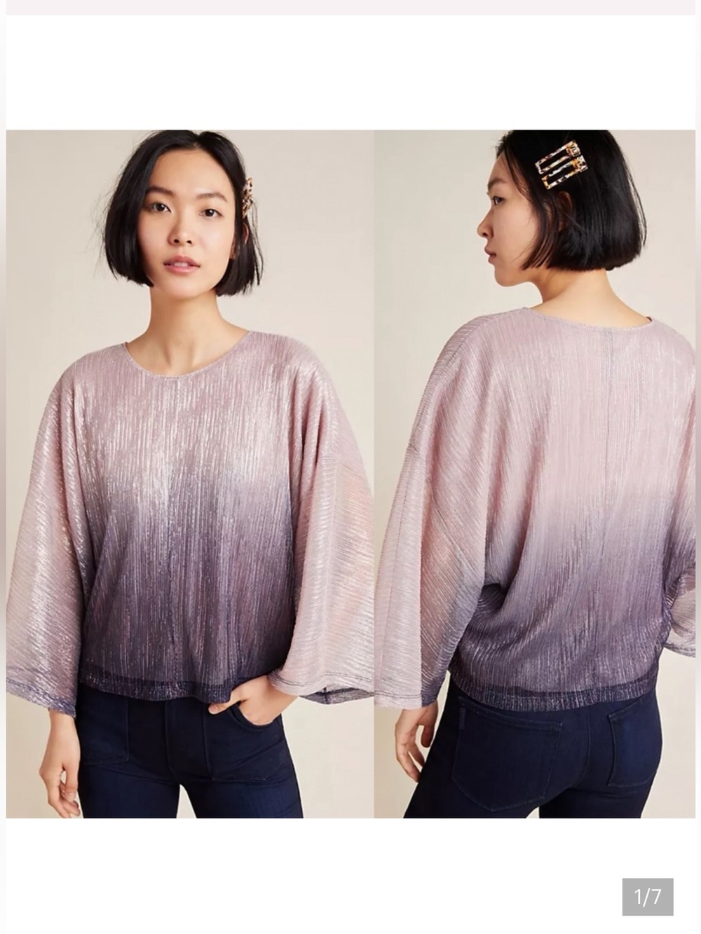 Anthropologie Serena Pink-to-Purple Ombre Metallic Pleated Dolman Blouse sz S